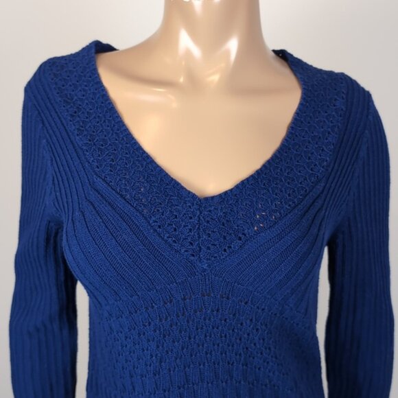 Vintage Y2K Calvin Klein Jeans Open Knit Sweater Vneck Blue Flare A-Line Top - Picture 2 of 12